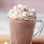 A mug of whipped hot chocolate topped with whipped cream and cocoa powder