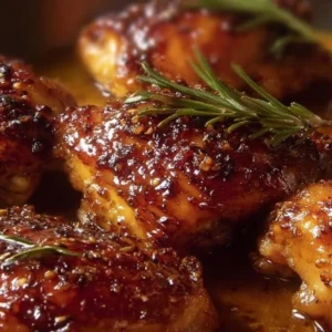 Baked hot honey chicken dish garnished with herbs