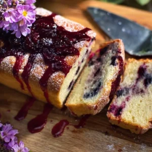 Blueberry Lavender Pound Cake with fresh blueberries and lavender sprigs