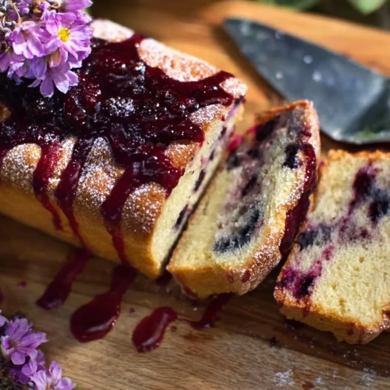 Blueberry Lavender Pound Cake with fresh blueberries and lavender sprigs