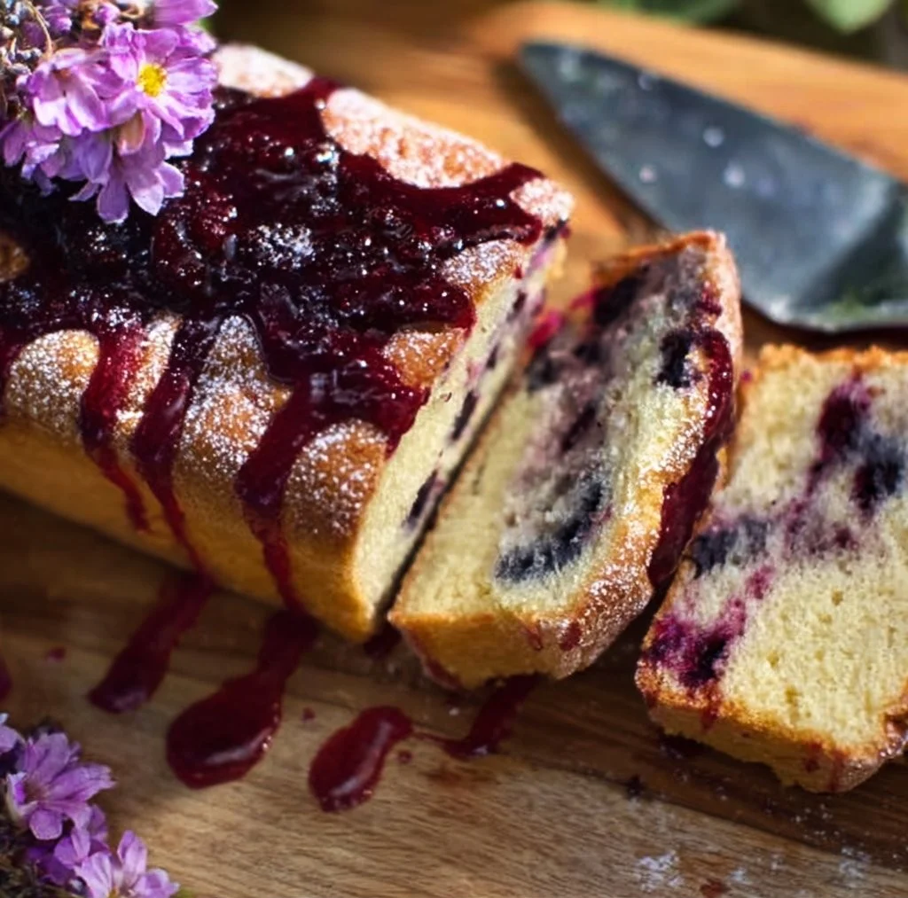 Blueberry Lavender Pound Cake with fresh blueberries and lavender sprigs