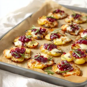 Brie and cranberry topped smashed potatoes served in a bowl