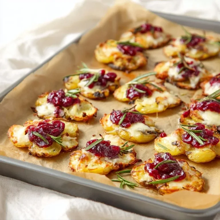 Brie and cranberry topped smashed potatoes served in a bowl