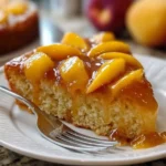 Delicious slice of Brown Sugar Peach Cake with fresh peaches on top