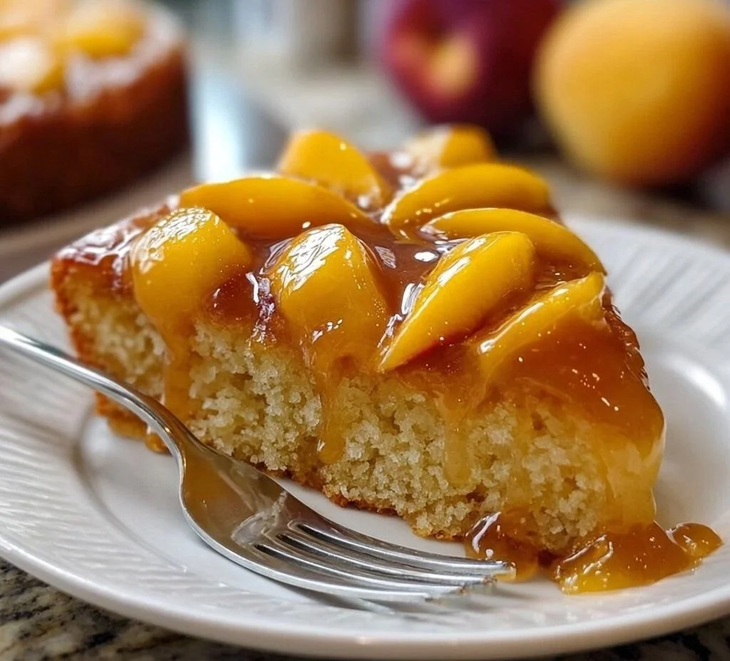 Delicious slice of Brown Sugar Peach Cake with fresh peaches on top