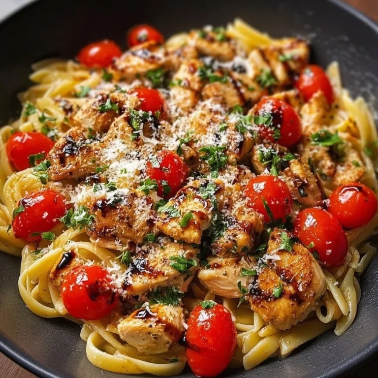 Delicious Bruschetta Chicken Pasta topped with fresh tomatoes and basil