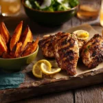 Cajun Chicken served with sweet potato wedges on a plate garnished with herbs.