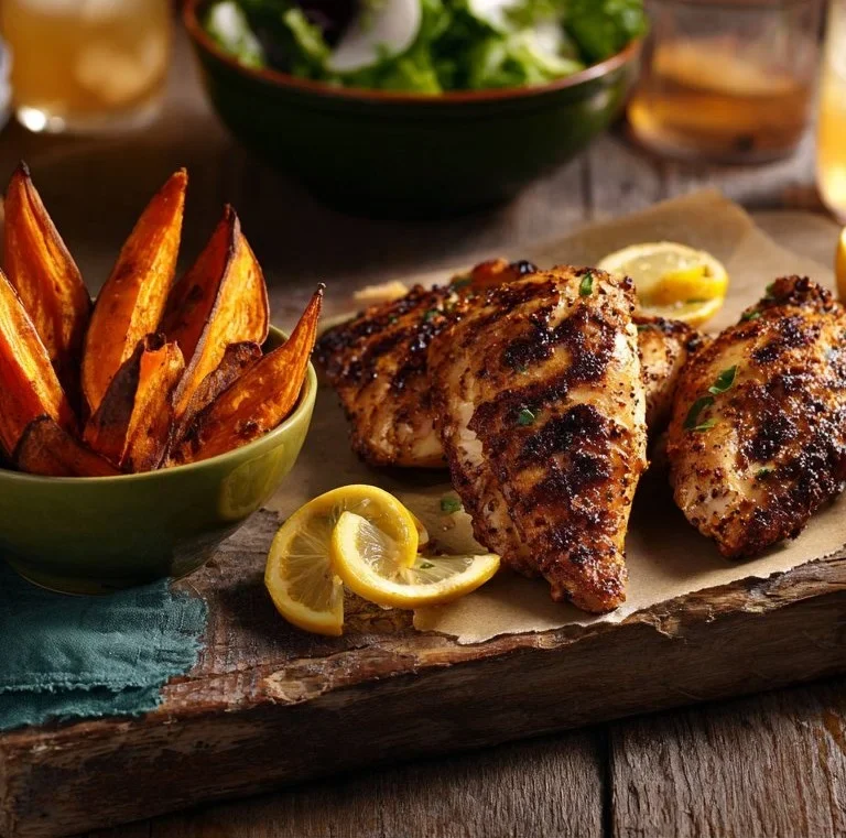 Cajun Chicken served with sweet potato wedges on a plate garnished with herbs.