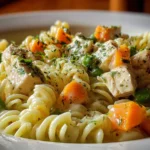 Delicious Chicken Pot Pie Pasta served in a bowl with fresh herbs