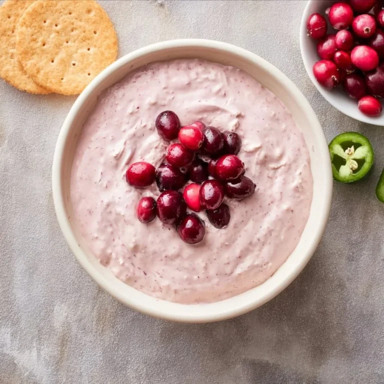 Cranberry Jalapeño Dip served in a bowl with crackers and fresh herbs