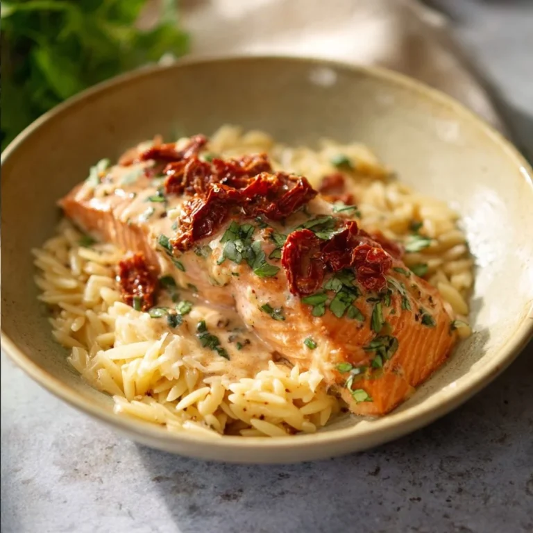 Creamy Tuscan salmon with garlic-Parmesan orzo served on a plate.