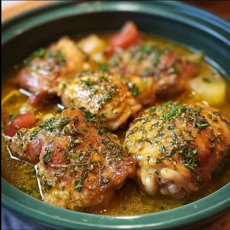 Delicious crockpot Italian chicken served with fresh herbs and vegetables.