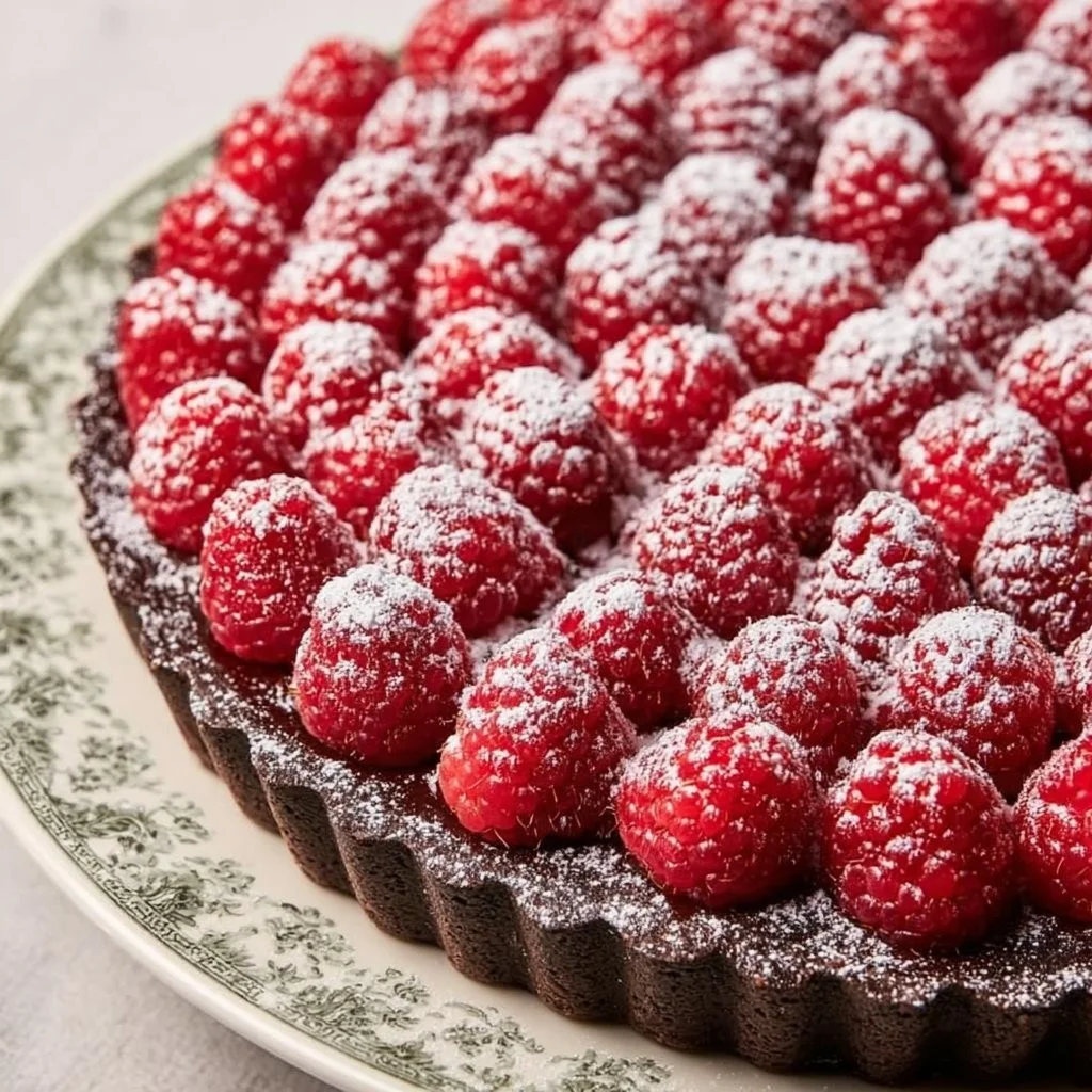 Easy chocolate raspberry tart topped with fresh raspberries and chocolate drizzle