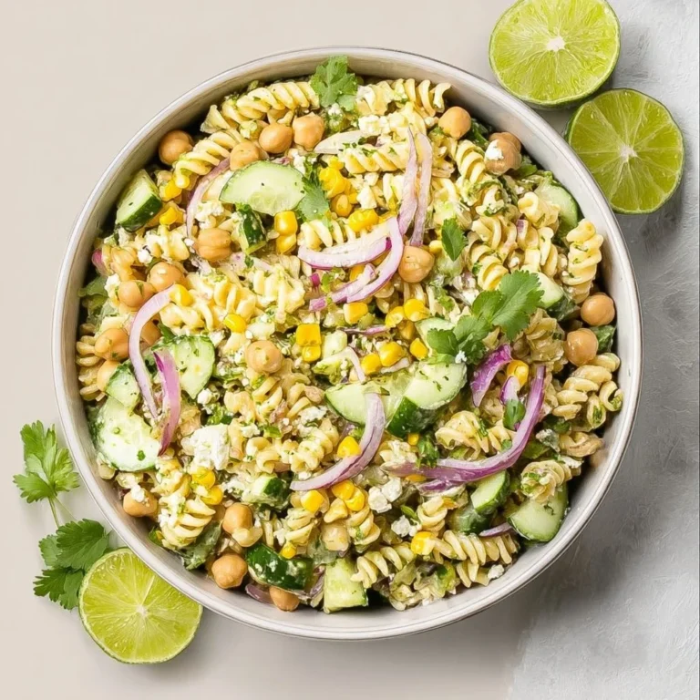 Creamy cilantro lime pasta salad garnished with fresh herbs