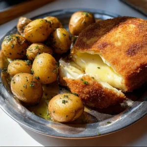 Golden fried soft cheese wheel, crispy on the outside and creamy inside.