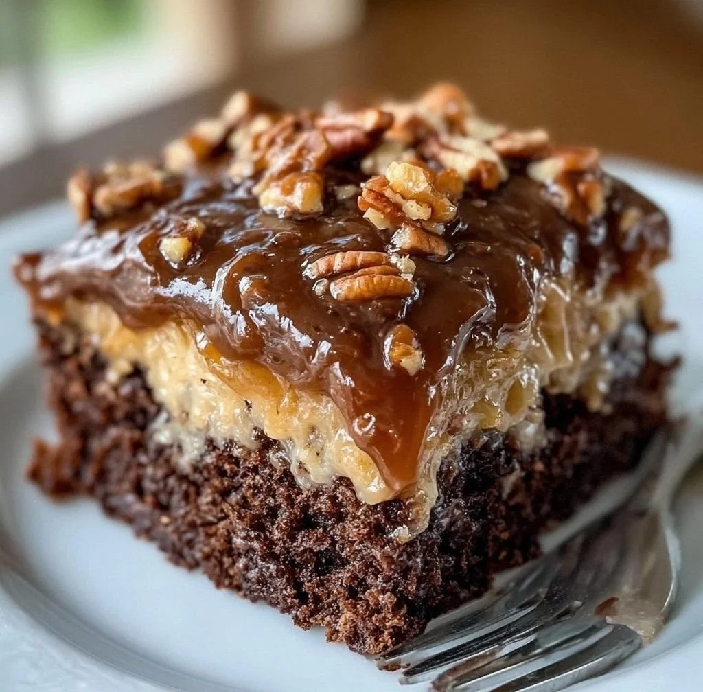 Delicious German Chocolate Poke Cake with coconut-pecan frosting served on a plate.