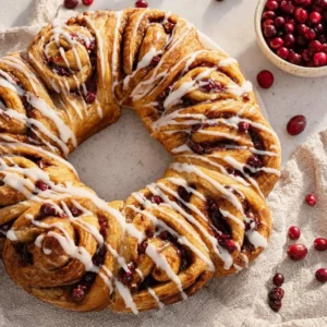 Gluten-free cinnamon roll wreath decorated with icing and served on a plate