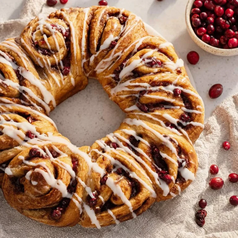 Gluten-free cinnamon roll wreath decorated with icing and served on a plate