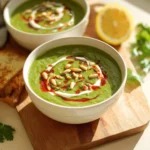 Bowl of Green Goddess Soup with a side of Harissa Grilled Cheese sandwich