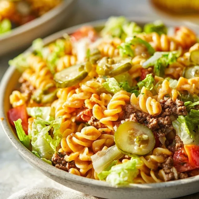 Ground Beef Chickpea Pasta Salad with fresh vegetables and dressing