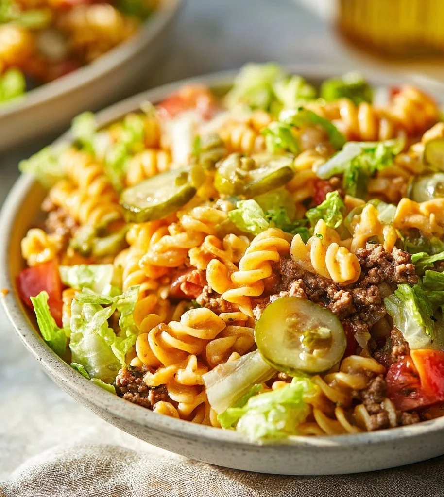 Ground Beef Chickpea Pasta Salad with fresh vegetables and dressing