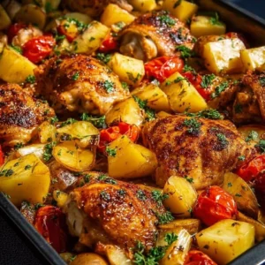 Hawaiian Chicken platter garnished with fresh fruits and vibrant herbs.