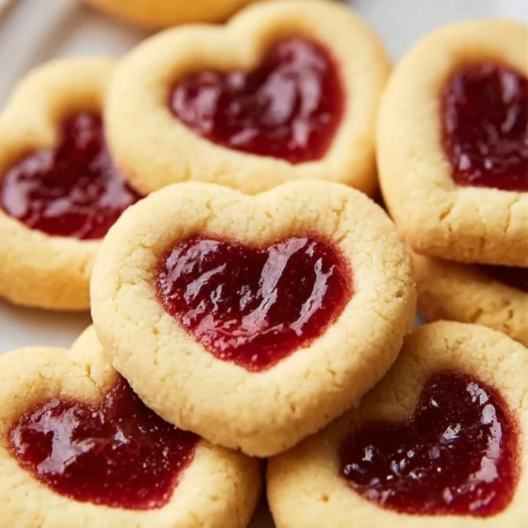 Heart-shaped jam cookies with berry filling on a plate