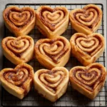 Heart-shaped cinnamon rolls topped with icing on a wooden table
