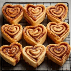 Heart-shaped cinnamon rolls topped with icing on a wooden table