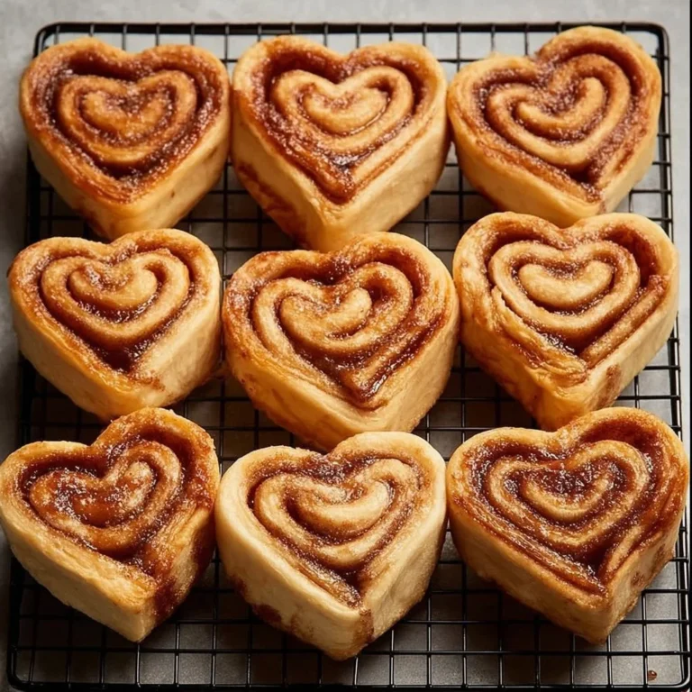 Heart-shaped cinnamon rolls topped with icing on a wooden table