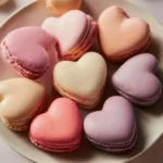 Delicious heart-shaped macarons in various colors and flavors