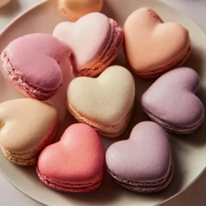 Delicious heart-shaped macarons in various colors and flavors