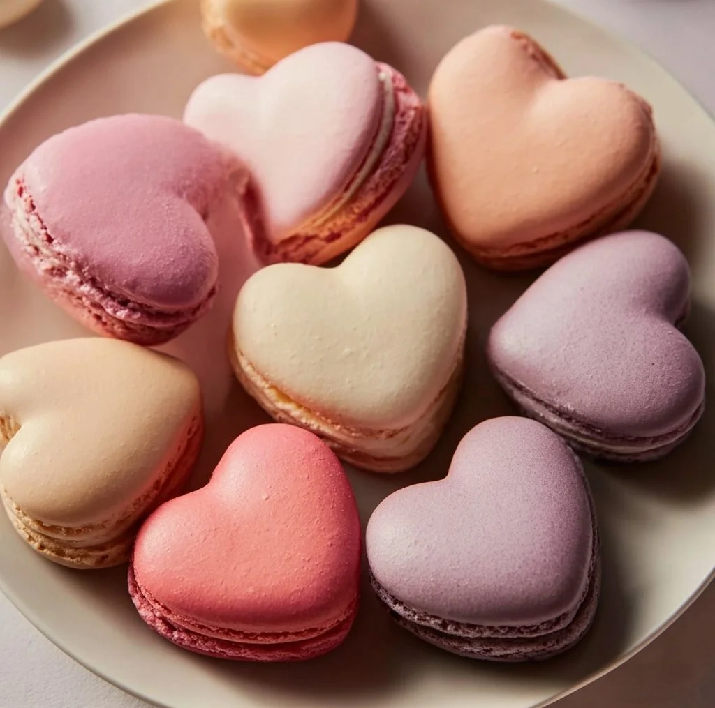 Delicious heart-shaped macarons in various colors and flavors