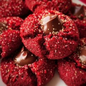Hershey's Red Velvet Blossoms cookies topped with chocolate kisses