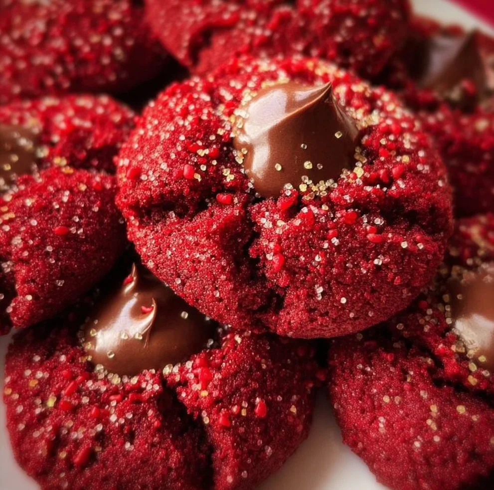 Hershey's Red Velvet Blossoms cookies topped with chocolate kisses