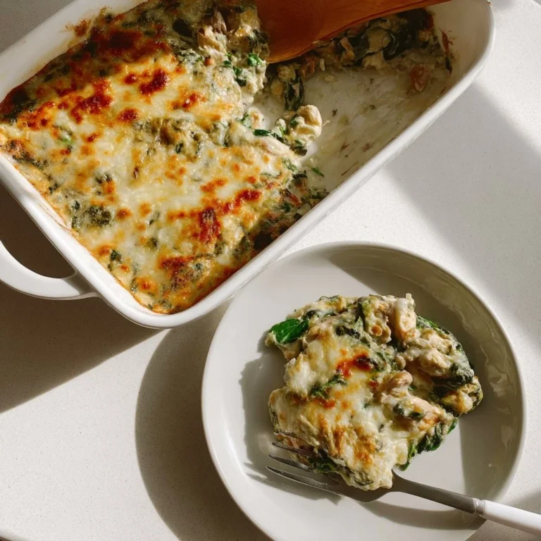 High protein spinach artichoke chicken casserole dish on a wooden table