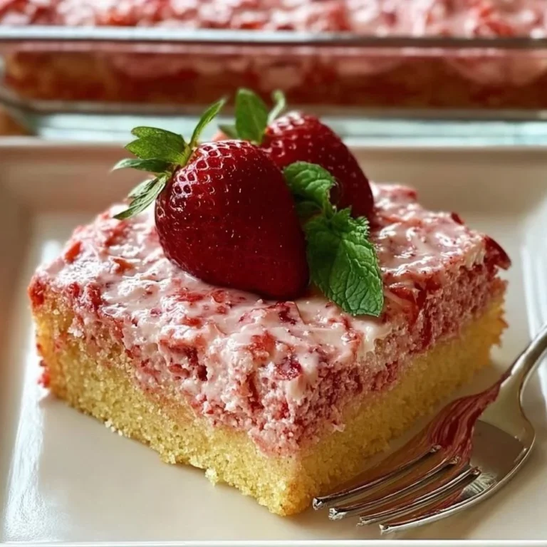 Delicious homemade strawberry sheet cake with fresh strawberries on top