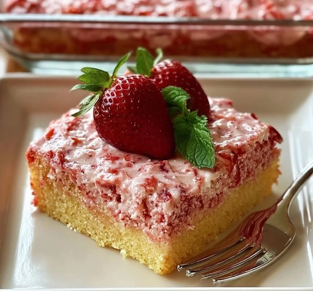 Delicious homemade strawberry sheet cake with fresh strawberries on top