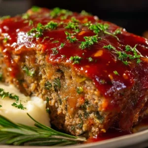 Juicy beef meatloaf with a savory glaze and fresh herbs