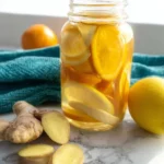A steaming cup of Lemon Ginger Tea with fresh lemon slices and ginger root.
