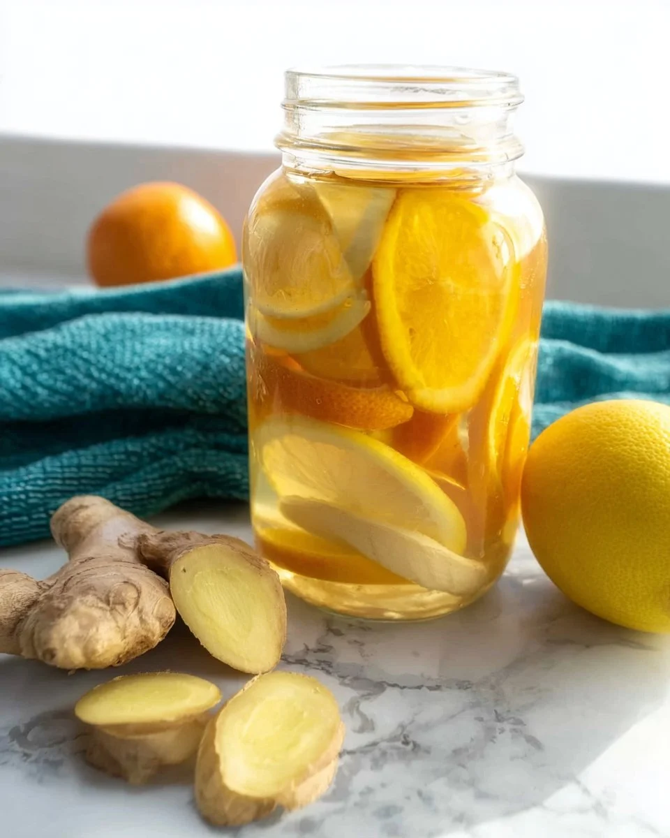 A steaming cup of Lemon Ginger Tea with fresh lemon slices and ginger root.