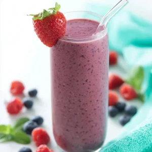 Mixed berry smoothie with yogurt and chia seeds in a glass