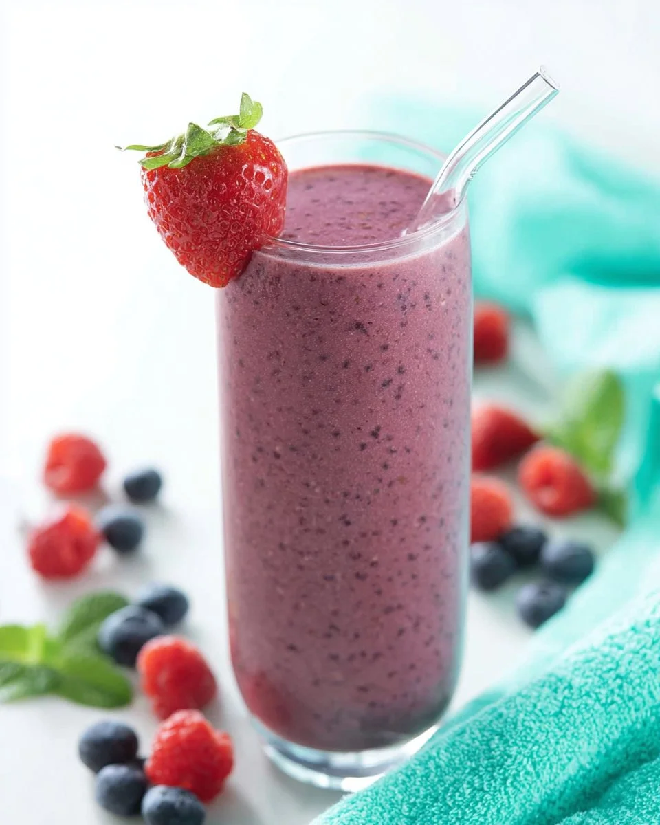Mixed berry smoothie with yogurt and chia seeds in a glass