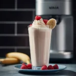 Homemade Ninja Creami milkshake without ice cream in a glass.