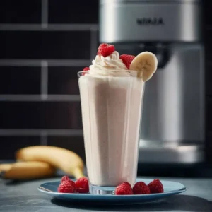 Homemade Ninja Creami milkshake without ice cream in a glass.