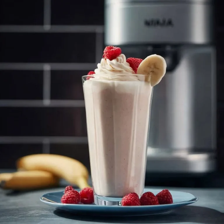 Homemade Ninja Creami milkshake without ice cream in a glass.
