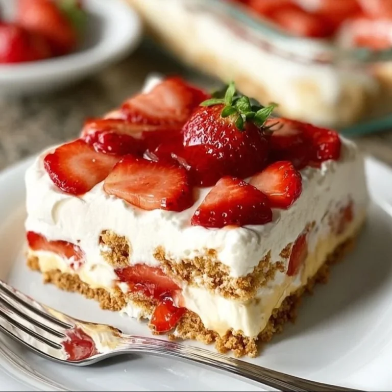 No-Bake Strawberry Icebox Cake topped with fresh strawberries and whipped cream