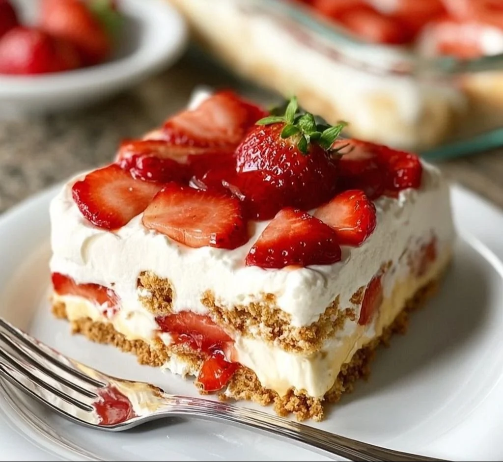No-Bake Strawberry Icebox Cake topped with fresh strawberries and whipped cream