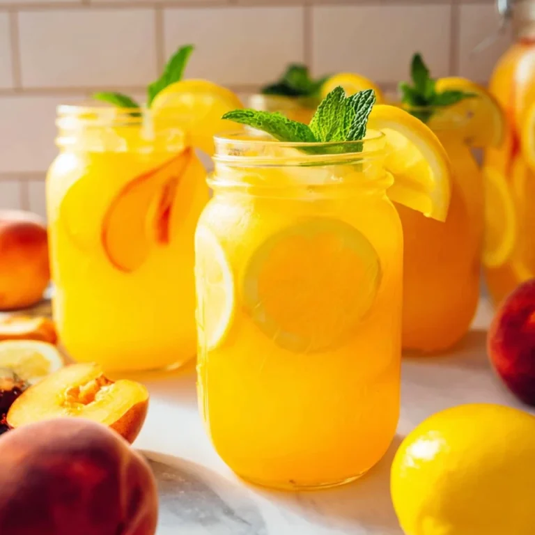 Glass of refreshing peach lemonade with sliced peaches and lemons