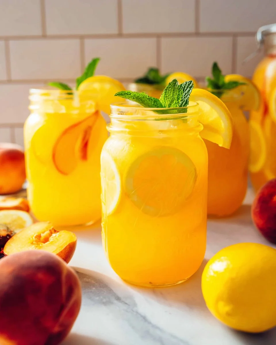 Glass of refreshing peach lemonade with sliced peaches and lemons
